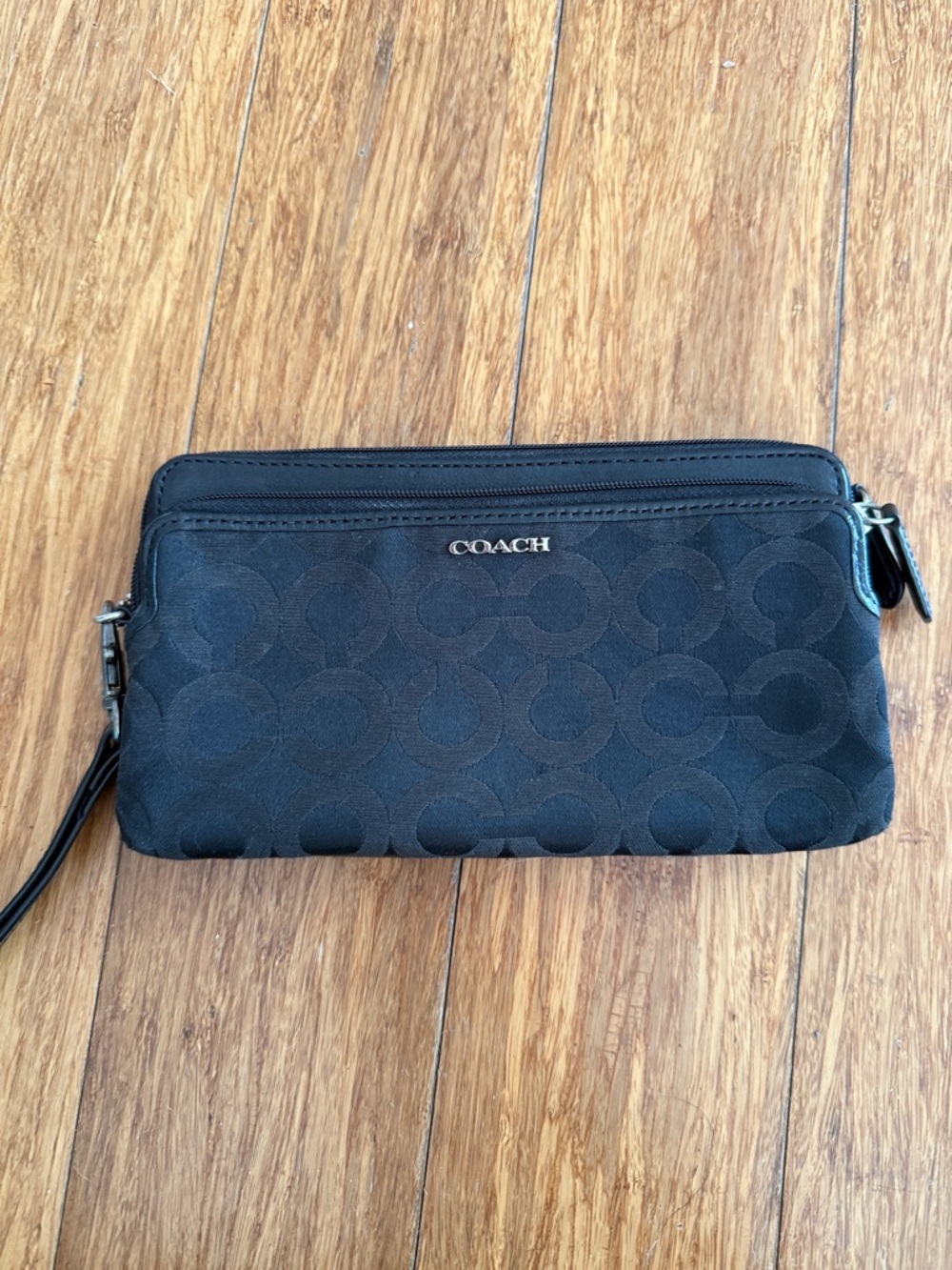 Coach Black Signature Zip Wristlet with Silver Logo